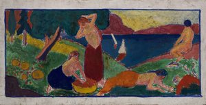 Kvinner i landskap med blå kant, før 1932.