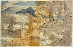 Landschaft bei Rocca Canterano mit einer Frau mit Kindern, Hirten und Pilgern av Carl Philipp Fohr