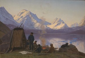 En grønlandsk bosetning ved en fjord. Sommer av Carl Rasmussen