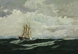 Sjølandskap med krigsskip i åpent hav av Carl Rasmussen