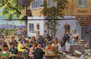 Komiske skildringer av tidlig radio (fargelitho) av Carl Robert Arthur Thiele