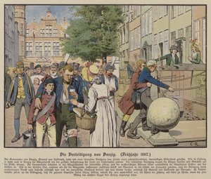 Sivile som hjalp prøyssiske sårede under forsvaret av Danzig, våren 1807 (farge litho) av Carl Röchling