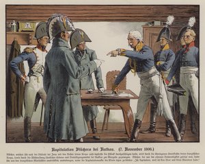 Feltmarskalk Blucher overga seg til franskmennene ved Katekau, 7. november 1806 (farge litho) av Carl Röchling