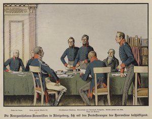 Kong Frederick William III deltok på et møte i den prøyssiske militære omorganiseringskommisjonen i Konigsberg (farge litho)