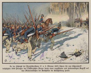 Preussisk infanteri angriper i slaget ved Eylau, 7.–8. februar 1807 (farge litho) av Carl Röchling