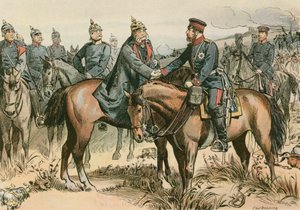 Wilhelm I, konge av Preussen og den første tyske keiseren (1797-1888) hilste sønnen sin i Sadowa i 1866 av Carl Rohling