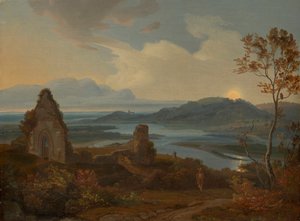 Elvelandskap med kirkeruiner
