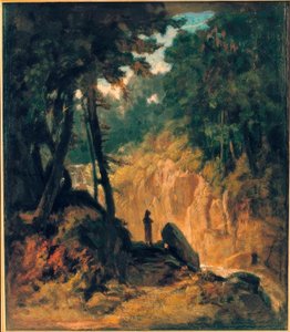 Skoglandskap med en foss, på bredden med Kapuzinerm av Carl Spitzweg