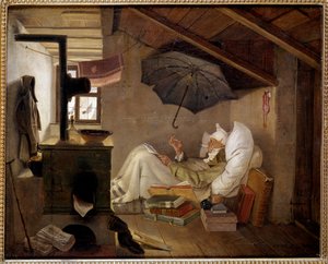 Stakkars dikter En gammel mann ligger på et loft. Maleri av Carl Spitzweg (1808-1885) 1839. Dim. 0,36 X 0,44 m Berlin, Altes Museum, Tyskland - Den fattige poeten. En gammel mann sengeliggende på et loft. Maleri av Carl Spitzweg (1808-1885) av Carl Spitzweg