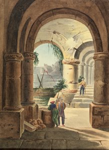 Utsikt over havet gjennom et kloster, 1829 (wc på papp)