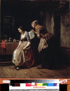 ""Brevet"" (Et brev) En tjener bringer et brev til en ung jente i fortvilelse. Maleri av Carl Wilhelm Hubner (1814-1879) 1800-tallets Far Eastern Art Museum, Khabarovsk, Russland av Carl Wilhelm Hübner