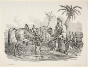 Sittende araber som holder hodelaget til en arabisk hest av Carle Vernet