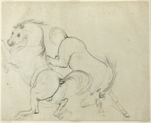 Two Horses Cavorting (recto); Mann på en sparkende hest (verso) av Carle Vernet