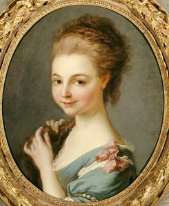 En jente i en blå kjole med et rosa sløyfe av Carle van Loo