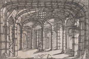 Interiør i et fengsel der det sitter en kvinne, ca 1680-1710.