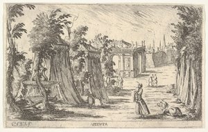 Utsikt med en mann i turban og en løve stående til høyre, telt og klassisk arkitt..., 1680-1710.
