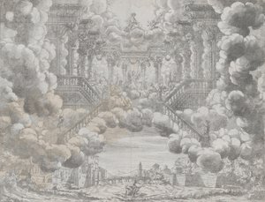 Scenografi med allegoriske figurer på en trapp, fra 'L'Eta Dell'Oro', ca. 1690. av Carlo Antonio Forti