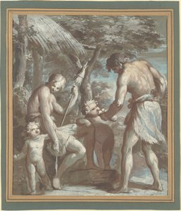 Adam og Eva med Kain og Abel (gouache med penn og brunt blekk på blått papir, lagt ned) av Carlo Baratta