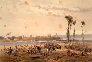 Franskmennene passerte Sesia ved Vercelli i 1859, av Carlo Bossoli (1815-1884), gravering. Andre uavhengighetskrig, Italia av Carlo Bossoli