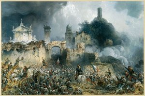 Slaget ved Solferino mellom østerrikske og fransk-piemontesiske tropper … (etsing)