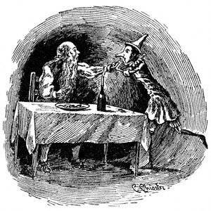 Illustrasjon av Pinocchio av Carlo Chiostri (1863-1939), en av de første italienske illustratørene av Collodis verk. Tredukken finner faren Gepetto i magen til haien som svelget dem.