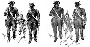 Pinocchio av Carlo Chiostri (1863-1939), en av de første italienske illustratørene av arbeidet til Collodi (Carlo Lorenzini). To gendarmer tar tredukken. Bildet til venstre er Chiostris originaltegning, det til høyre er graveringscarri