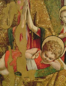 Madonna og barn, detalj av Kristusbarnet, fra sentralpanelet til den andre triptyken til Valle Castellamo tempera på paneldetalj av 76632 av Carlo Crivelli