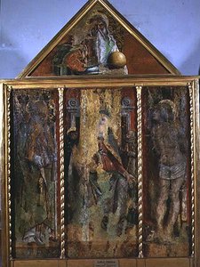 Madonna og barn med helgener, den første triptyken i dalen Castellano (tempera på panel) av Carlo Crivelli