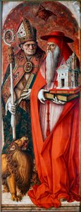 Polyptych of the Cathedrale of Camerino (Duomo di Camerino): Saint Hieronymus og Saint Augustine. Maleri av Carlo Crivelli (1430 / 35-1494 / 1500). Tempera på tre av Carlo Crivelli