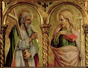 St. Andrew og St. James the Greater, detalj fra SantEmidio polyptych, 1473 tempera på paneldetalj av 76636 av Carlo Crivelli