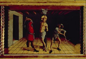 The Flagellation of Christ, sentralt høyre predellapanel fra San Silvestro polyptych, 1468 (tempera på panel) (se 76657) av Carlo Crivelli