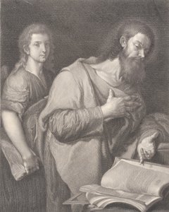 Saint Matthew, stående foran en bok til høyre med en hånd på brystet, en annen mann være..., 1750-84 av Carlo Faucci