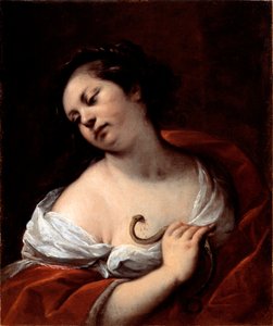 Cleopatres selvmord Dronningen av Egypt Cleopatre VII Thea Philopator (69-30 f.Kr.) selvmord ved å bli bitt av en aspic slange (Cleopatras selvmord) Maleri av Carlo Francesco Nuvolone (1609 ca-1662)