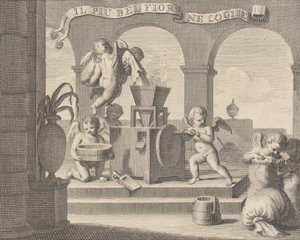 Hun samler den vakreste blomsten Il più bella fior groglie ne, en gruppe på seks putti workin ..., 1740-59.