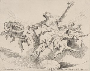 Makt, representert av en kvinne som sitter på skyer som holder en krone og omgitt av putti,..., 1725-75.