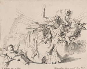 Rikdom, representert av en kvinne som sitter på skyer og omgitt av putti, hvorav en er..., 1725-75.
