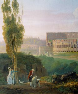 Gruppe med karakterer, mann som tegner foran ruinene av Colisee. Maleri av Carlo Labruzzi (1765-1818)