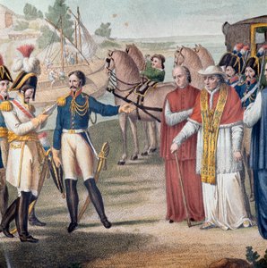 Pave Pius VII (Pio) (1742-1823) ble arrestert da han kom tilbake til Italia av den østerriksk-neapolitanske hæren nær Parma 25. mars 1814 - Gravering av Carlo Lasinio (1759-1838) - Fargelitografi (Arrestasjonen av pave Pius VII (1742-1823) da han kom tilba