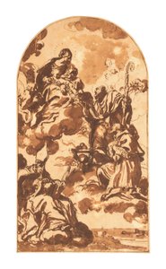 Madonna og barnet viser seg for de hellige Ambrosius, Frans av Sales og Nikolaus av Bari (svart kritt, penn og brunt blekk, og brun vask på papir) av Carlo Maratta or Maratti