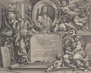 Frontispice med ovalt portrett av Raphael, med tre allegoriske figurer av kunsten sup..., 1675.