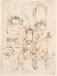 Tegning, arkitektoniske og figurative skisser, ca. 1760