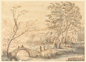Tegning, landskap med bro, 1770–1786 av Carlo Marchionni