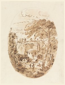 Tegning, Landskap med rytter og bro, 1750–1786 av Carlo Marchionni