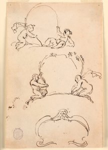 Tegning, tre skisser av kartusjer, før 1775 av Carlo Marchionni