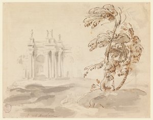 Tegning, Tre i landskap med bygning, 1756–78 av Carlo Marchionni
