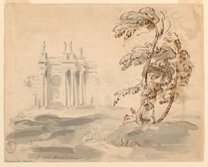 Tegning, Tre i landskap med bygning, 1756–78 av Carlo Marchionni