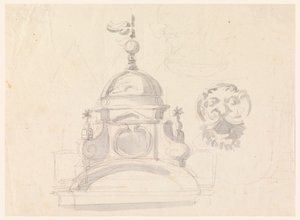 Forhøyning av en kuppel, design for en maske og karikatur av Carlo Marchionni