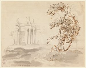 Tre i landskap med bygning av Carlo Marchionni