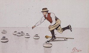 Mann som kaster en stein i et spill med curling (farge litho) av Carlo Pellegrini