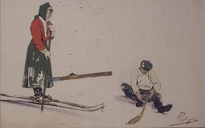 Sikring av skiene (farge litho) av Carlo Pellegrini